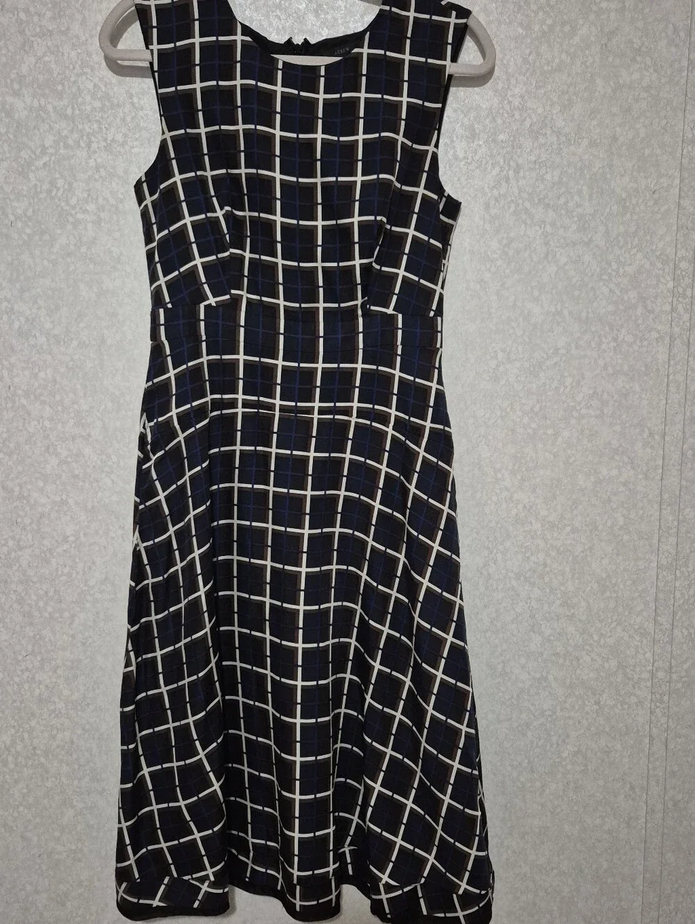 J. Crew Navy and White Windowpane Sleeveless Midi Dress...Size:4 100% Silk